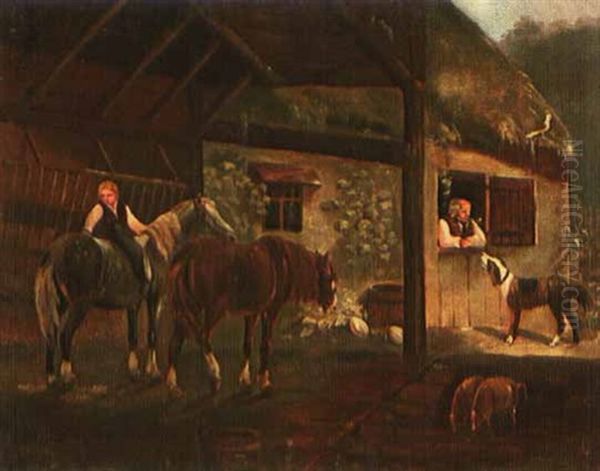 Zwei Pferde Mit Jungem Reiter Vor Bauernhaus (after Conrad Gessner) Oil Painting by Johann Caspar Schinz