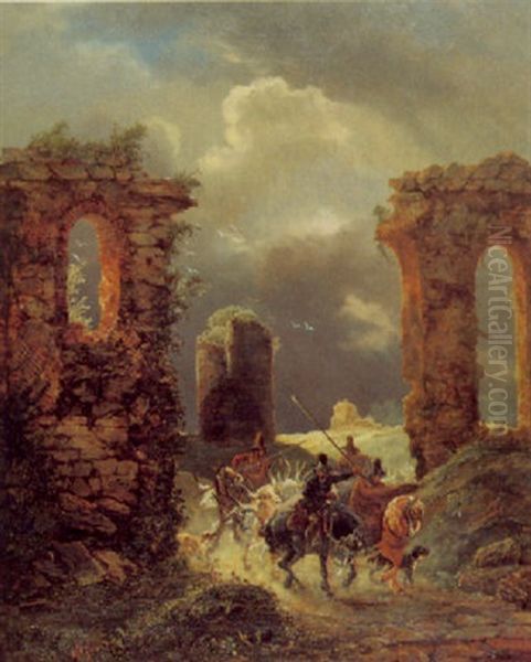 Ruinenlandschaft Mit Reitenden Hirten Und Kuhen Oil Painting by Johann Caspar Schinz