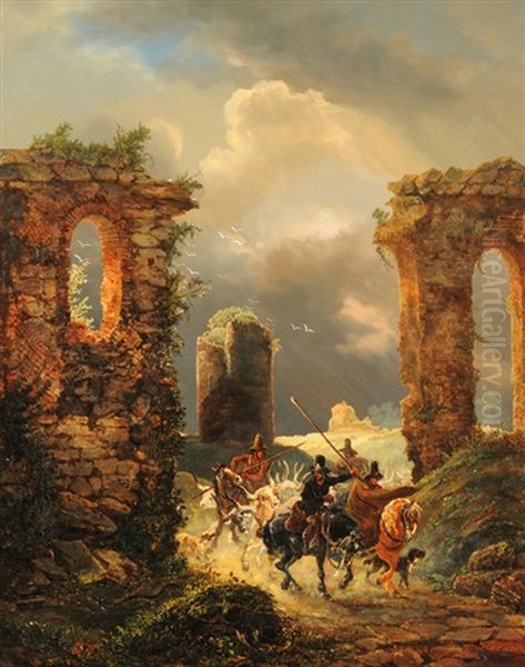 Viehdiebstahl In Ruinenlandschaft, Bei Aufkommendem Gewitter Oil Painting by Johann Georg Schinz