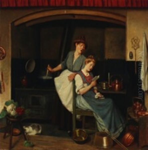 Girls Singing In The Kitchen Oil Painting by Harald Valdemar Schiodte