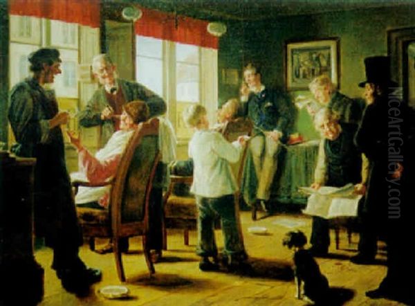 En Barberstue Oil Painting by Harald Valdemar Schiodte