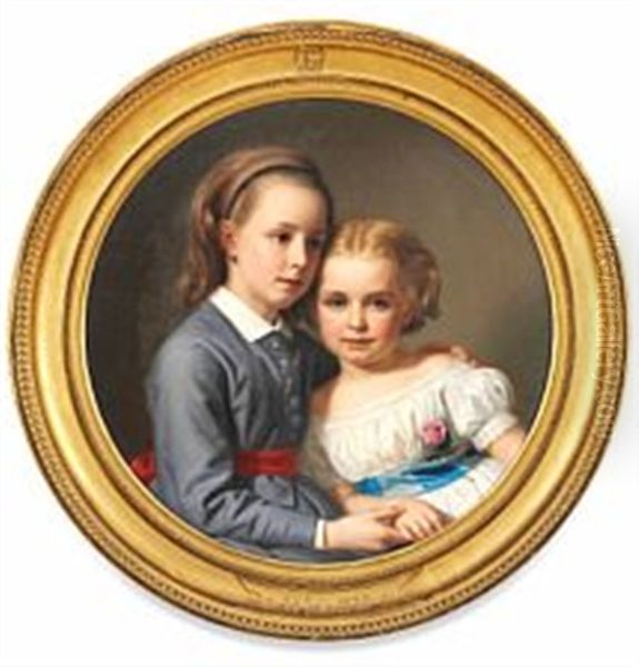 Portrait Of Two Girls Oil Painting by August Heinrich Georg Schiott