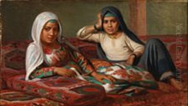 A Harem Scene With Two Women Posing Oil Painting by August Heinrich Georg Schiott