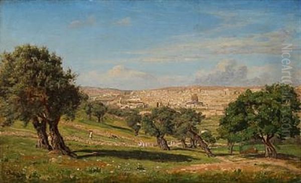 Jerusalem Set Fra Oliebjerget Oil Painting by August Heinrich Georg Schiott