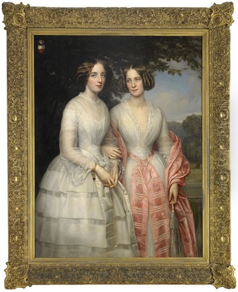 Portrait Of The Sisters Malvina Anny Louise And Hilda Sophie Charlotte Reventlow Oil Painting by August Heinrich Georg Schiott