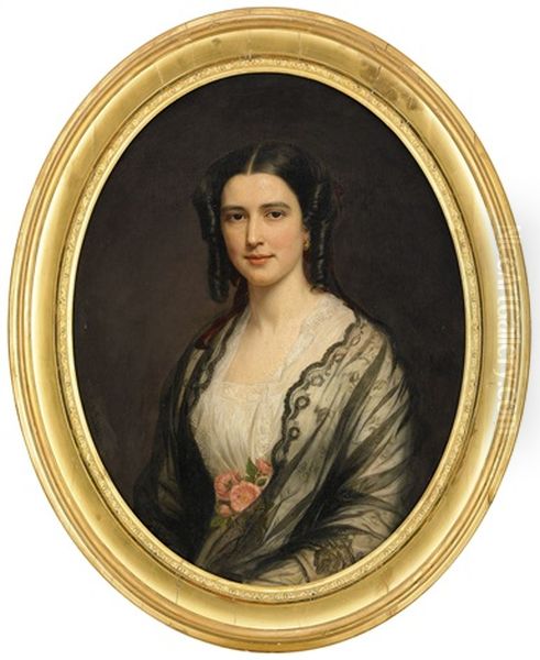 Portratt Forestallande Maria Berregaard, Kladd I Vit Spetsklanning Med Svart Spetssjal Och Rosa Rosor - Midjebild Oil Painting by August Heinrich Georg Schiott