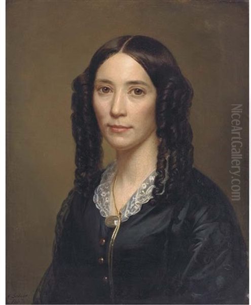 Portrait Of A Lady, Bust-length, In A Black Dress With A Lace Collar Oil Painting by August Heinrich Georg Schiott