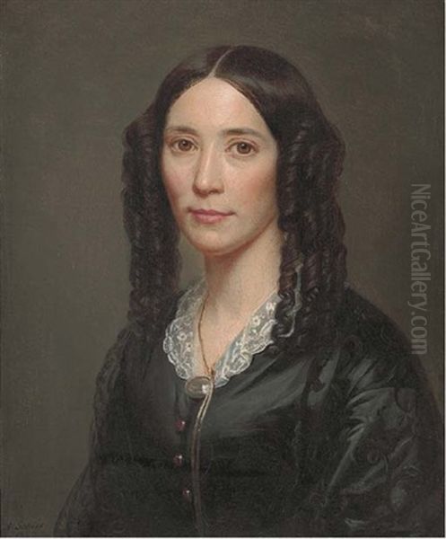 Portrait Of A Lady, Bust-length, In A Black Dress With A Lace Collar Oil Painting by August Heinrich Georg Schiott