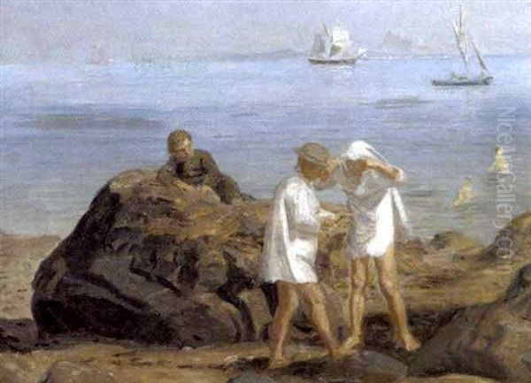 Badende Drenge En Sommerdag Ved Alsgarde I Nordsjaelland Med Udsigt Over Oresund Mod Sverige Oil Painting by August Heinrich Georg Schiott