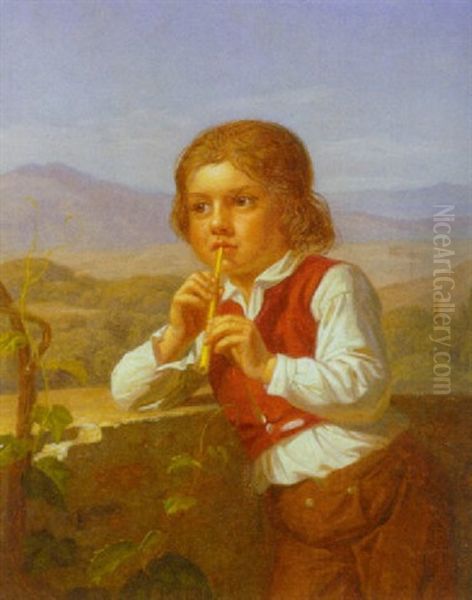 Portraet Af Lille Sydlandsk Dreng Der Spiller Flotje, I Baggrunden Bjerge Oil Painting by August Heinrich Georg Schiott