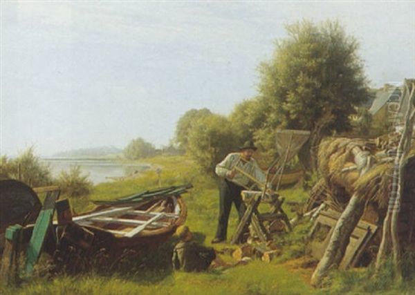 Kystparti Med Mand Der Saver Braende Mens En Lille Dreng Ser Til Oil Painting by August Heinrich Georg Schiott