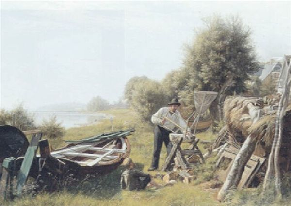 Fra Aaalsgaard Strand. En Fisker Er Ved At Save Braende, Den Lille Son Kigger Pa Oil Painting by August Heinrich Georg Schiott