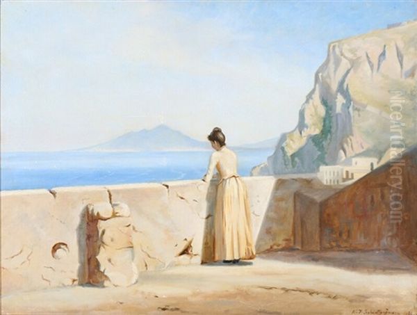 Italian Coastal Scene With A Woman Gazing Towards Mount Vesuvius Oil Painting by Niels Frederik Schiottz-Jensen