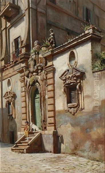 A Boy And His Dog On A Staircase In Rome Oil Painting by Niels Frederik Schiottz-Jensen