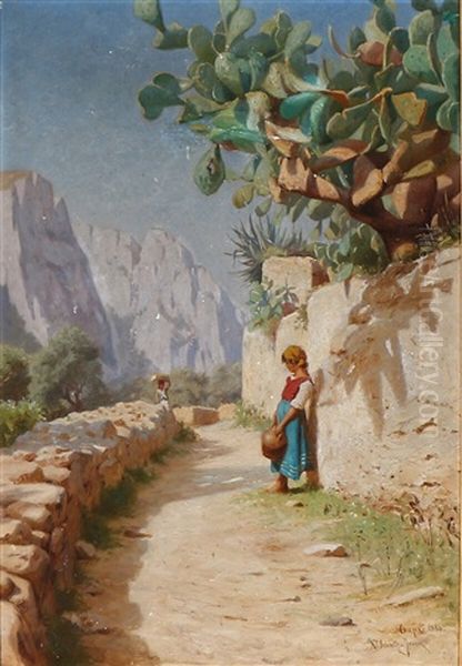 Italian Scene With A Girl Resting Underneath A Cactus Tree Oil Painting by Niels Frederik Schiottz-Jensen