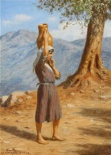 An Italian Woman Carrying Water, In The Distance Mountains Oil Painting by Niels Frederik Schiottz-Jensen