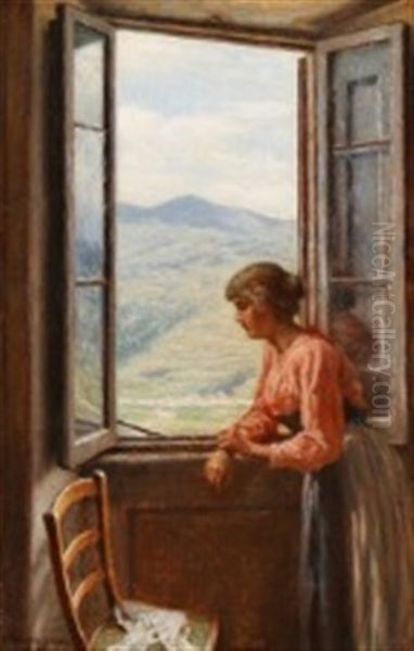 A Young Girl Looking Out Of The Window Oil Painting by Niels Frederik Schiottz-Jensen