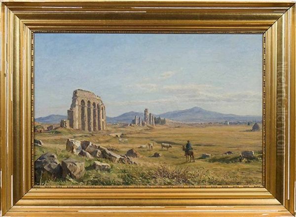 Ruined Aquaduct In The Roman Campagna Oil Painting by Niels Frederik Schiottz-Jensen