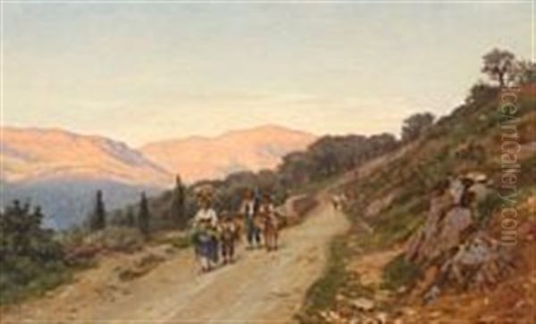 Scenery With Persons On A Mountain Road, Close To Rome Oil Painting by Niels Frederik Schiottz-Jensen