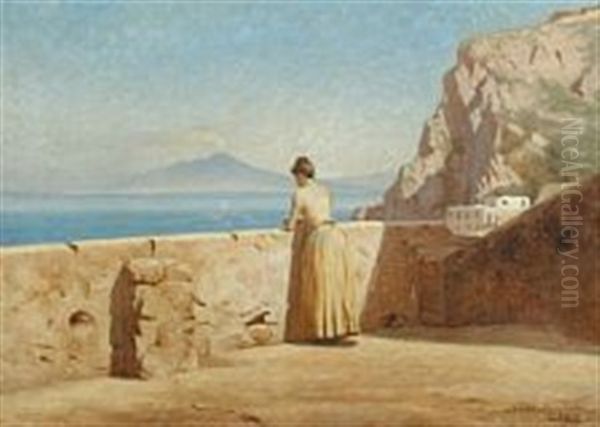 Woman On A Terrace Looking At Vesuvius In The Background Oil Painting by Niels Frederik Schiottz-Jensen