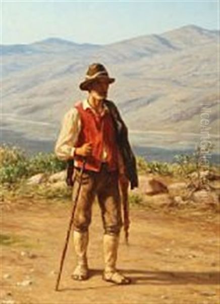 A Man In A Mountain Landscape Oil Painting by Niels Frederik Schiottz-Jensen