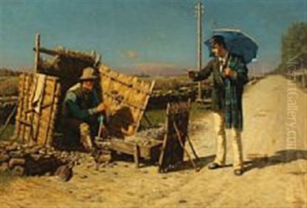 A Student And A Rock Crusher In Conversation Oil Painting by Niels Frederik Schiottz-Jensen