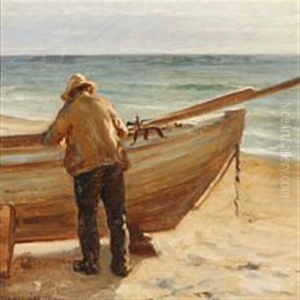 A Fisherman On The Beach Oil Painting by Niels Frederik Schiottz-Jensen