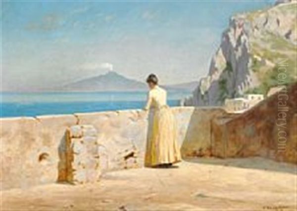 Woman On A Terrace Oil Painting by Niels Frederik Schiottz-Jensen