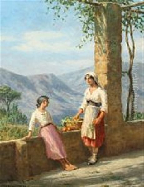 Two Young Caprese Women Under A Pergola Oil Painting by Niels Frederik Schiottz-Jensen