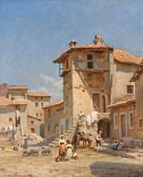 Torv I Anticoli Sabinerbjergene Oil Painting by Niels Frederik Schiottz-Jensen