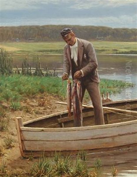 A Student With His Catch Oil Painting by Niels Frederik Schiottz-Jensen