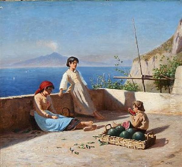 View Of Capri With Children Eating Fruit On A Terrace. In The Distance Mount Vesuvius Oil Painting by Niels Frederik Schiottz-Jensen