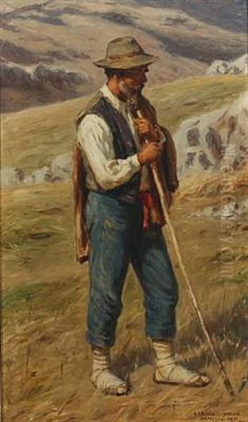 Wanderer In The Mountains Near Anticoli Oil Painting by Niels Frederik Schiottz-Jensen