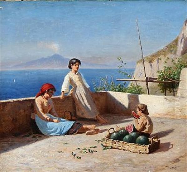 View Of Capri With Children Eating Fruit On A Terrace. In The Distance Mount Vesuvius Oil Painting by Niels Frederik Schiottz-Jensen