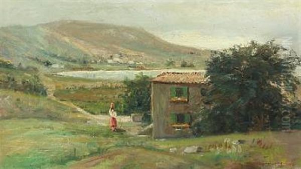 Capri Landscape With Young Italien Woman By A Cottage Oil Painting by Niels Frederik Schiottz-Jensen