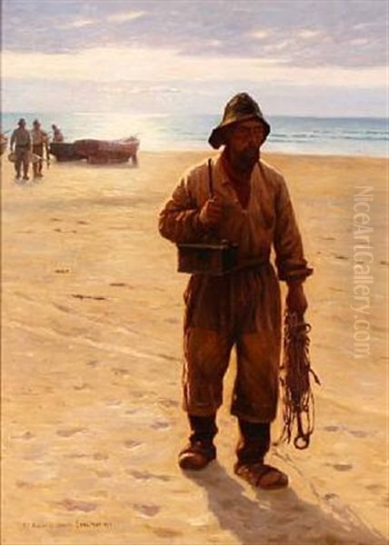 Fishermen On The Beach Oil Painting by Niels Frederik Schiottz-Jensen