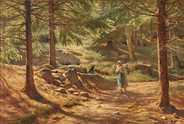 Forest Scene With A Woman Gathering Firewood Oil Painting by Niels Frederik Schiottz-Jensen