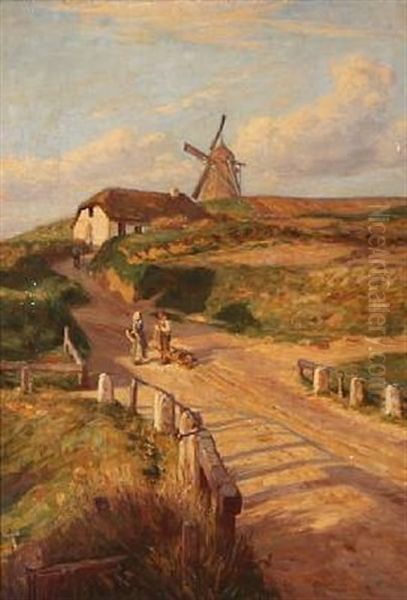 A Danish Village Road Oil Painting by Niels Frederik Schiottz-Jensen