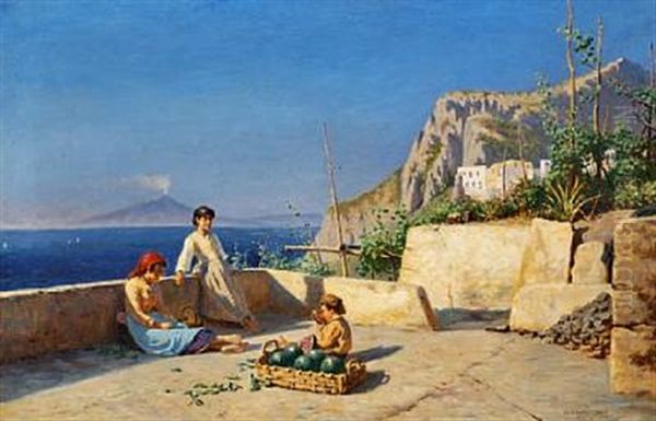 View Of Capri With Children Eating Fruit On A Terrace. In The Distance Mount Vesuvius Oil Painting by Niels Frederik Schiottz-Jensen