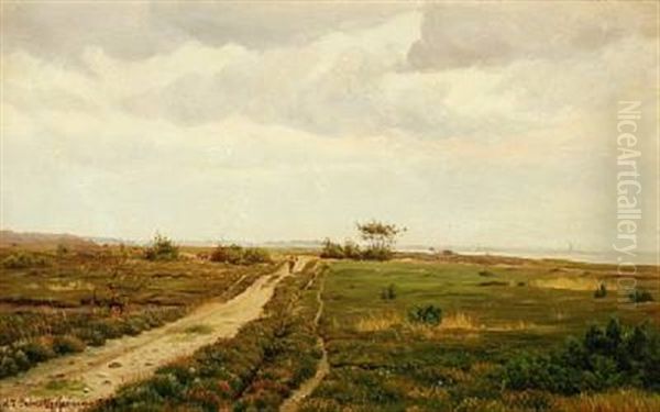 Landscape From Ulvshale With A Man On A Path Oil Painting by Niels Frederik Schiottz-Jensen