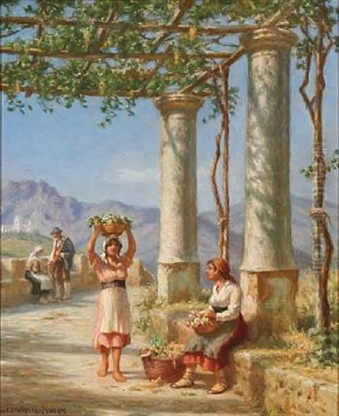 A Pergola With Italian Women, In The Background A Town And Mountains by Niels Frederik Schiottz-Jensen