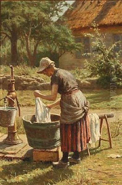 A Woman Washes Clothes In Front Of A Farmhouse Oil Painting by Niels Frederik Schiottz-Jensen