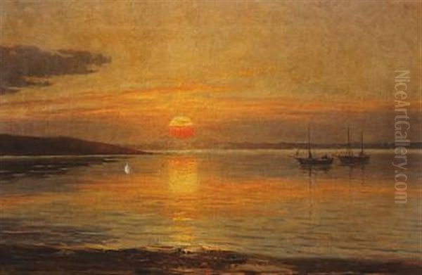 Two Small Ships Lying At Anchor In A Bay In The Sunset Glow Oil Painting by Niels Frederik Schiottz-Jensen