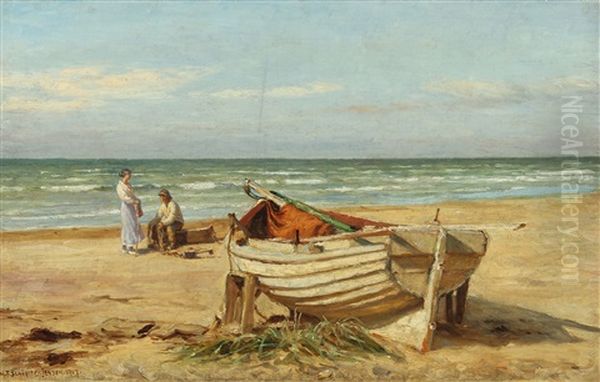 A Woman And A Fisherman On The Beach Oil Painting by Niels Frederik Schiottz-Jensen