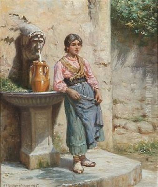 An Italian Woman By A Fountain Oil Painting by Niels Frederik Schiottz-Jensen