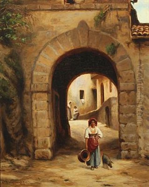 The Town Gate In Anticoli, Italy Oil Painting by Niels Frederik Schiottz-Jensen