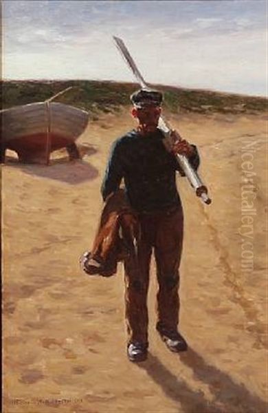 A Fisherman At Lonstrup Beach Oil Painting by Niels Frederik Schiottz-Jensen