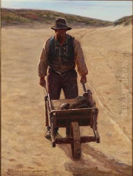 A Fisherman With A Wheelbarrow Oil Painting by Niels Frederik Schiottz-Jensen