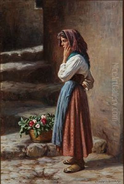 An Italian Woman With A Flower Basket Oil Painting by Niels Frederik Schiottz-Jensen