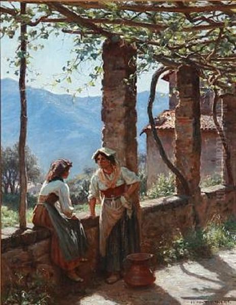 Pergola With Two Italian Women In Conversation, Mountainous Landscape In The Background Oil Painting by Niels Frederik Schiottz-Jensen